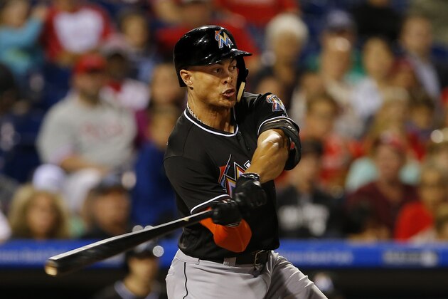 PHILADELPHIA, PA - SEPTEMBER 16: Giancarlo Stanton #27 of the Miami Marlins in action against the Philadelphia Phillies during a game at Citizens Bank Park on September 16, 2016 in Philadelphia, Pennsylvania. The Phillies defeated the Marlins 4-3 in 13 innings. (Photo by Rich Schultz/Getty Images) PHILADELPHIA, PA - SEPTEMBER 16: Giancarlo Stanton #27 of the Miami Marlins in action against the Philadelphia Phillies during a game at Citizens Bank Park on September 16, 2016 in Philadelphia, Pennsylvania. The Phillies defeated the Marlins 4-3 in 13 innings. (Photo by Rich Schultz/Getty Images)