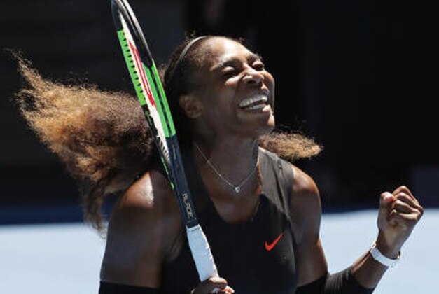 United States' Serena Williams celebrates her win over Britain's Johanna Konta during their quarterfinal at the Australian Open tennis championships in Melbourne, Australia, Wednesday, Jan. 25, 2017. (AP Photo/Dita Alangkara)