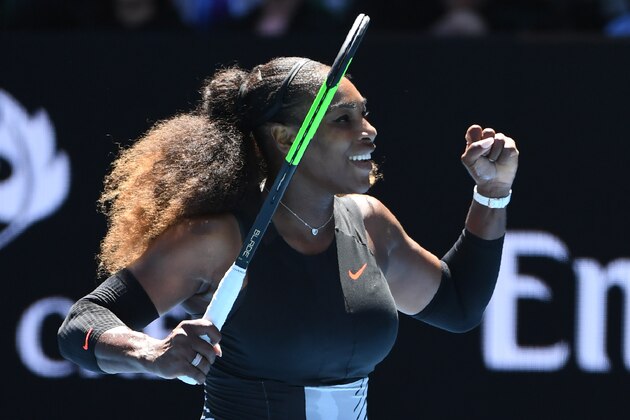 Serena Williams of the US celebrates her victory against Britain's Johanna Konta during their women's singles quarter-final match on day ten of the Australian Open tennis tournament in Melbourne on January 25, 2017. / AFP / WILLIAM WEST / IMAGE RESTRICTED TO EDITORIAL USE - STRICTLY NO COMMERCIAL USE        (Photo credit should read WILLIAM WEST/AFP/Getty Images)