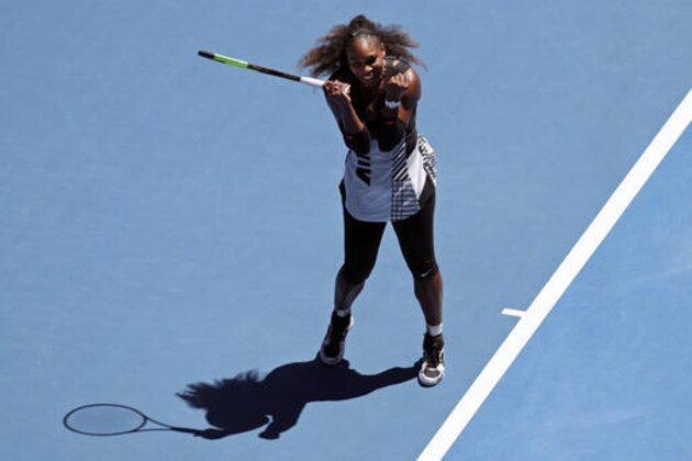 United States' Serena Williams celebrates her win over Britain's Johanna Konta during their quarterfinal at the Australian Open tennis championships in Melbourne, Australia, Wednesday, Jan. 25, 2017. (AP Photo/Aaron Favila)