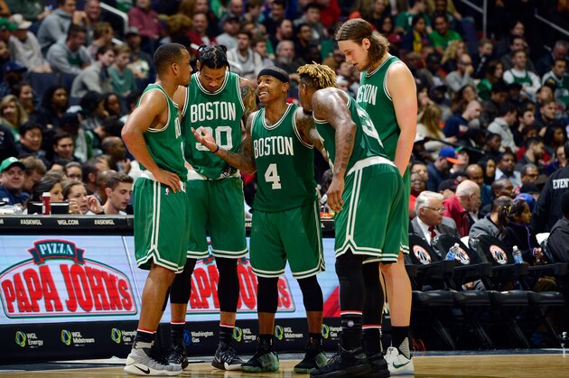 WASHINGTON, DC - NOVEMBER 09: The Boston Celtics huddle up during the game against the Washington Wizards at Verizon Center on November 9, 2016 in Washington, DC. NOTE TO USER: User expressly acknowledges and agrees that, by downloading and or using this photograph, User is consenting to the terms and conditions of the Getty Images License Agreement.  (Photo by G Fiume/Getty Images)