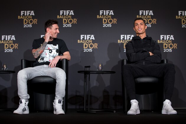 ZURICH, SWITZERLAND - JANUARY 11: FIFA Ballon d'Or nominees Lionel Messi of Argentina and FC Barcelona (L) and Cristiano Ronaldo of Portugal and Real Madrid (R) attend a press conference prior to the FIFA Ballon d'Or Gala 2015 at the Kongresshaus on January 11, 2016 in Zurich, Switzerland. (Photo by Philipp Schmidli/Getty Images)