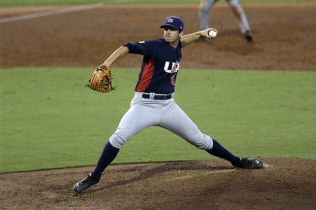 United States' Matt Imhof pitches against Cuba duringan exhibition baseball game in Cary, N.C., Monday, July 22, 2013. (AP Photo/Gerry Broome)