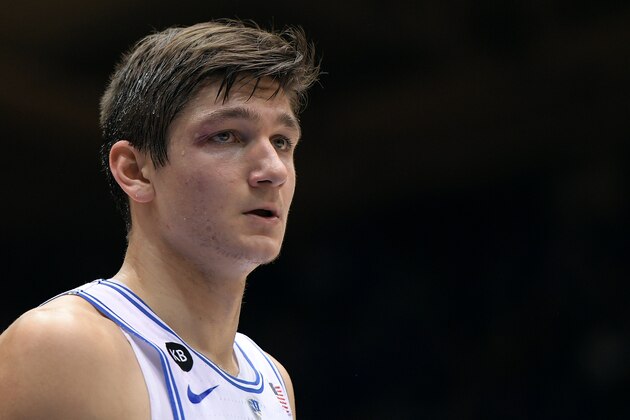 DURHAM, NC - JANUARY 21: Grayson Allen #3 of the Duke Blue Devils looks on after receiving medical treatment for a cut near his right eye during their game against the Miami Hurricanes at Cameron Indoor Stadium on January 21, 2017 in Durham, North Carolina. (Photo by Lance King/Getty Images)