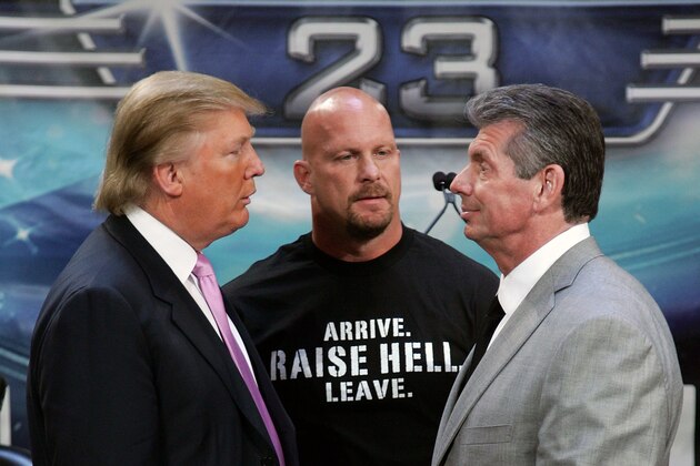 NEW YORK - MARCH 28:  Donald Trump, wrestler Stone Cold Steve Austin and WWE Chairman Vince McMahon attend the press conference held by Battle of the Billionaires to announce the details of Wrestlemania 23 at Trump Tower on March 28, 2007 in New York City.  (Photo by Bryan Bedder/Getty Images)