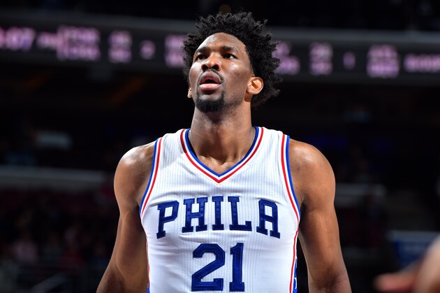 PHILADELPHIA, PA - JANUARY 18: Joel Embiid #21 of the Philadelphia 76ers looks on during the game against the Toronto Raptors on January 18, 2017 at Wells Fargo Center in Philadelphia, Pennsylvania. NOTE TO USER: User expressly acknowledges and agrees that, by downloading and or using this photograph, User is consenting to the terms and conditions of the Getty Images License Agreement. Mandatory Copyright Notice: Copyright 2017 NBAE (Photo by Jesse D. Garrabrant/NBAE via Getty Images)