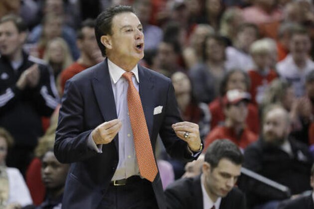 Louisville head coach Rick Pitino in action during the second half of an NCAA college basketball game against Indiana, Saturday, Dec. 31, 2016, in Indianapolis. Louisville defeated Indiana 77-62. (AP Photo/Darron Cummings)
