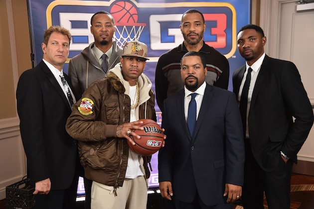 NEW YORK, NY - JANUARY 11: (L-R) Jeff Kwatinetz, Rashard Lewis, Allen Iverson, Ice Cube, Kenyon Martin, and Roger Mason Jr. attend a press conference announcing  the launch of the BIG3, a new, professional 3-on-3 basketball league, on January 11, 2017 in New York City.  (Photo by Michael Loccisano/Getty Images for BIG3)