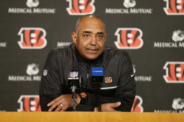 Cincinnati Bengals head coach Marvin Lewis speaks during a news conference after an NFL football game against the Baltimore Ravens, Sunday, Jan. 1, 2017, in Cincinnati. The Bengals won 27-10. (AP Photo/Gary Landers)