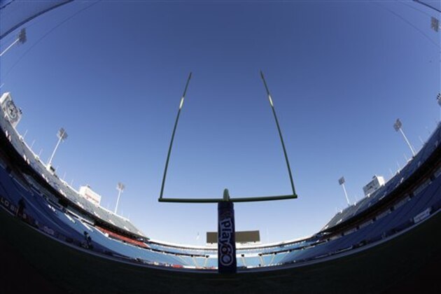 In this photo taken with a fisheye lens, goalpost and uprights are seen at New Era Field before an NFL football game between the Buffalo Bills and the Arizona Cardinals on Sunday, Sept. 25, 2016, in Orchard Park, N.Y. (AP Photo/Mike Groll)