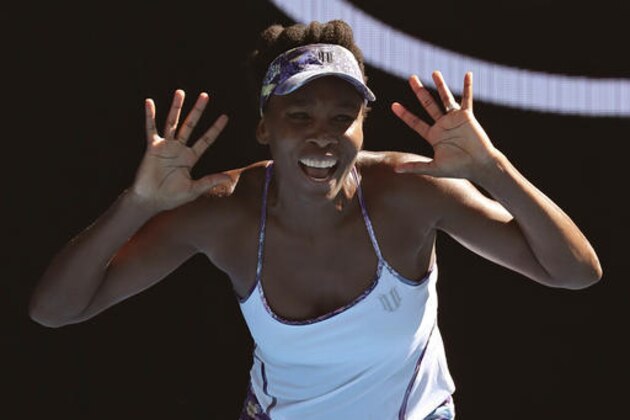 United States' Venus Williams celebrates after defeating compatriot Coco Vandeweghe during their semifinal at the Australian Open tennis championships in Melbourne, Australia, Thursday, Jan. 26, 2017. (AP Photo/Aaron Favila)