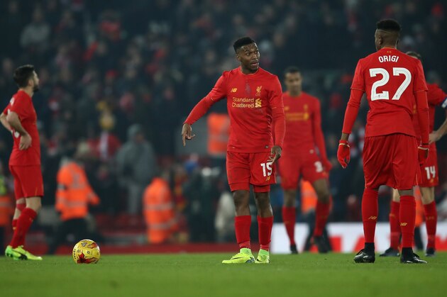 LIVERPOOL, ENGLAND - JANUARY 25:  Daniel Sturridge of Liverpool speaks with Divock Origi of Liverpool after conceding a goal during the EFL Cup Semi-Final Second Leg match between Liverpool and Southampton at Anfield on January 25, 2017 in Liverpool, England.  (Photo by Julian Finney/Getty Images)