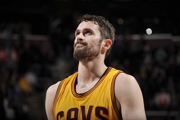 CLEVELAND, OH -  JANUARY 25: Kevin Love #0 of the Cleveland Cavaliers is seen ;dtg ;against the Sacramento Kings on January 25, 2017 at Quicken Loans Arena in Cleveland, Ohio.  NOTE TO USER: User expressly acknowledges and agrees that, by downloading and or using this Photograph, user is consenting to the terms and conditions of the Getty Images License Agreement. Mandatory Copyright Notice: Copyright 2017 NBAE (Photo by David Liam Kyle/NBAE via Getty Images)