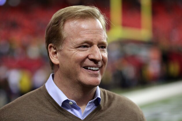 ATLANTA, GA - JANUARY 22:  NFL Commissioner Roger Goodell looks on during warmups before the NFC Championship Game between the Green Bay Packers and the Atlanta Falcons at the Georgia Dome on January 22, 2017 in Atlanta, Georgia.  (Photo by Streeter Lecka/Getty Images)