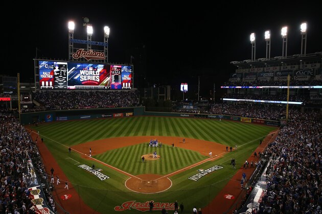 CLEVELAND, OH - NOVEMBER 02:  A general view as the Chicago Cubs celebrate after defeating the Cleveland Indians 8-7 in Game Seven of the 2016 World Series at Progressive Field on November 2, 2016 in Cleveland, Ohio. The Cubs win their first World Series in 108 years.  (Photo by Ezra Shaw/Getty Images)