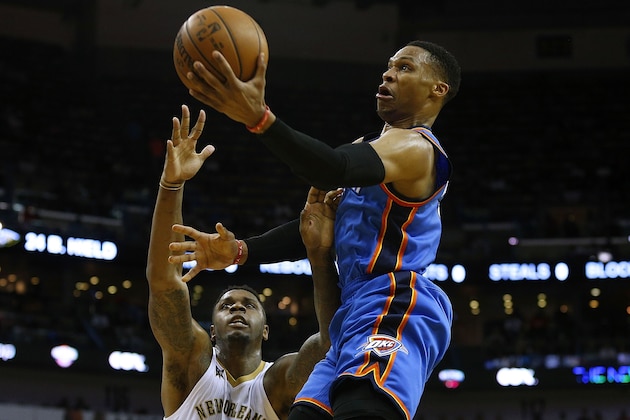 NEW ORLEANS, LA - JANUARY 25: Russell Westbrook #0 of the Oklahoma City Thunder shoots over Terrence Jones #9 of the New Orleans Pelicans during the second half of a game at the Smoothie King Center on January 25, 2017 in New Orleans, Louisiana. NOTE TO USER: User expressly acknowledges and agrees that, by downloading and or using this photograph, User is consenting to the terms and conditions of the Getty Images License Agreement.  (Photo by Jonathan Bachman/Getty Images)