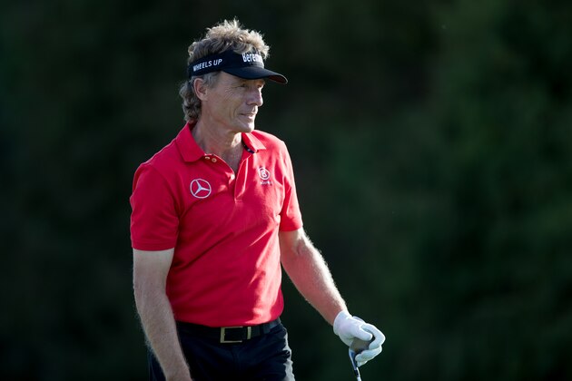 ORLANDO, FL - DECEMBER 10: Bernhard Langer of Germany watches his tee shot hit the 17th green during the first round of the PNC Father/Son Challenge at The Ritz-Carlton Golf Club on December 10, 2016 in Orlando, Florida. (Photo by Manuela Davies/Getty Images)