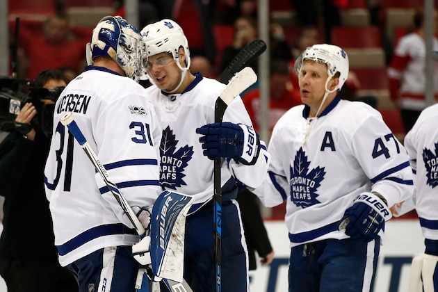 DETROIT, MI - JANUARY 25: Auston Matthews #34 of the Toronto Maple Leafs celebrates a 4-0 win over the Detroit Red Wings with Frederik Andersen #31 an Leo Komarov #47 at Joe Louis Arena on January 25, 2017 in Detroit, Michigan. (Photo by Gregory Shamus/Getty Images) DETROIT, MI - JANUARY 25: Auston Matthews #34 of the Toronto Maple Leafs celebrates a 4-0 win over the Detroit Red Wings with Frederik Andersen #31 an Leo Komarov #47 at Joe Louis Arena on January 25, 2017 in Detroit, Michigan. (Photo by Gregory Shamus/Getty Images)