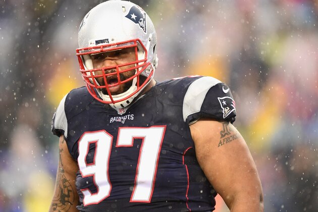 FOXBORO, MA - DECEMBER 24: Alan Branch #97 of the New England Patriots reacts during the first quarter of a game against the New York Jets at Gillette Stadium on December 24, 2016 in Foxboro, Massachusetts.  (Photo by Billie Weiss/Getty Images)