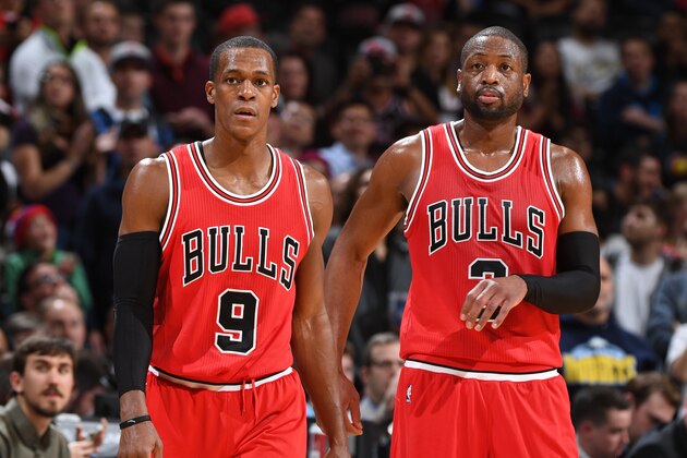 DENVER, CO - NOVEMBER 22:  Rajon Rondo #9 and Dwyane Wade #3 of the Chicago Bulls reacts to a play against the Denver Nuggets during the game on November 22, 2016 at the Pepsi Center in Denver, Colorado. NOTE TO USER: User expressly acknowledges and agrees that, by downloading and/or using this Photograph, user is consenting to the terms and conditions of the Getty Images License Agreement. Mandatory Copyright Notice: Copyright 2016 NBAE (Photo by Garrett Ellwood/NBAE via Getty Images)