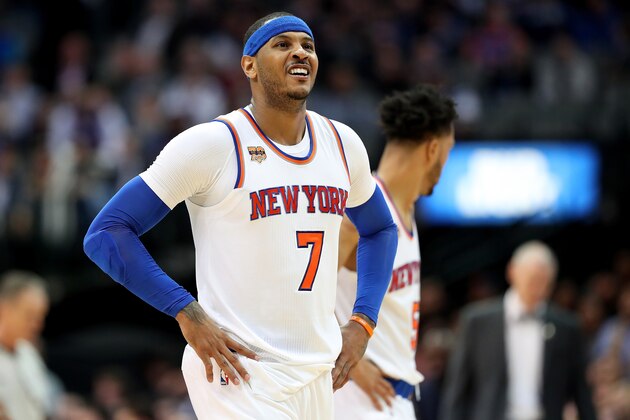 DALLAS, TX - JANUARY 25:  Carmelo Anthony #7 of the New York Knicks reacts against the Dallas Mavericks in the second half at American Airlines Center on January 25, 2017 in Dallas, Texas. NOTE TO USER: User expressly acknowledges and agrees that, by downloading and or using this photograph, User is consenting to the terms and conditions of the Getty Images License Agreement.  (Photo by Tom Pennington/Getty Images)