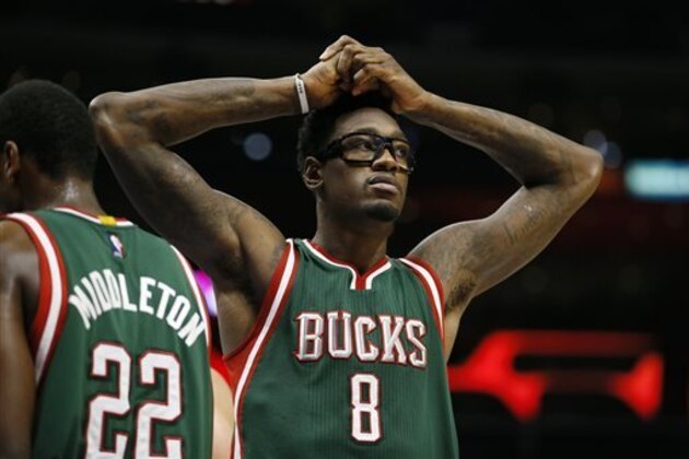 Milwaukee Bucks' Larry Sanders reacts after fouling Los Angeles Clippers' Blake Griffin during the second half of an NBA basketball game Saturday, Dec. 20, 2014, in Los Angeles. The Clippers won 106-102. (AP Photo/Danny Moloshok)
