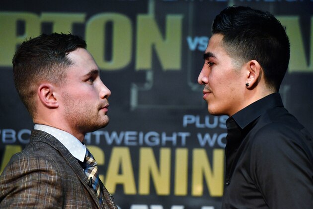 BELFAST, NORTHERN IRELAND - NOVEMBER 29: World Featherweight champion Carl Frampton (L) is pictured face to face with Leo Santa Cruz (R) for their WBA World Featherweight title rematch during a press conference at the Europa Hotel on November 29, 2016 in Belfast, Northern Ireland. Frampton defeated the then world champion Santa Cruz in New York on a points decision. The rematch is set to take place on January 28 at the MGM Grand, Las Vegas. (Photo by Charles McQuillan/Getty Images) BELFAST, NORTHERN IRELAND - NOVEMBER 29: World Featherweight champion Carl Frampton (L) is pictured face to face with Leo Santa Cruz (R) for their WBA World Featherweight title rematch during a press conference at the Europa Hotel on November 29, 2016 in Belfast, Northern Ireland. Frampton defeated the then world champion Santa Cruz in New York on a points decision. The rematch is set to take place on January 28 at the MGM Grand, Las Vegas. (Photo by Charles McQuillan/Getty Images)