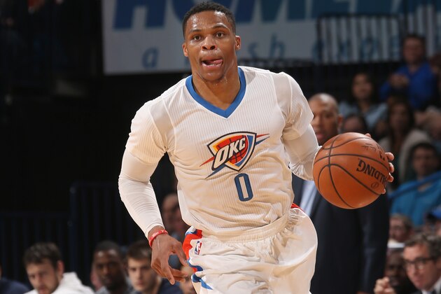 OKLAHOMA CITY, OK - JANUARY 26: Russell Westbrook #0 of the Oklahoma City Thunder handles the ball against the Dallas Mavericks on January 26, 2017 at Chesapeake Energy Arena in Oklahoma City, Oklahoma. NOTE TO USER: User expressly acknowledges and agrees that, by downloading and or using this photograph, User is consenting to the terms and conditions of the Getty Images License Agreement. Mandatory Copyright Notice: Copyright 2017 NBAE (Photo by Layne Murdoch/NBAE via Getty Images)