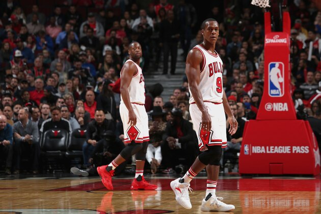 CHICAGO, IL - OCTOBER 27:  Rajon Rondo #9, and Dwyane Wade #3 of the Chicago Bulls look on against the Boston Celtics on October 27, 2016 at the United Center in Chicago, Illinois. NOTE TO USER: User expressly acknowledges and agrees that, by downloading and or using this Photograph, user is consenting to the terms and conditions of the Getty Images License Agreement. Mandatory Copyright Notice: Copyright 2016 NBAE (Photo by Gary Dineen/NBAE via Getty Images)