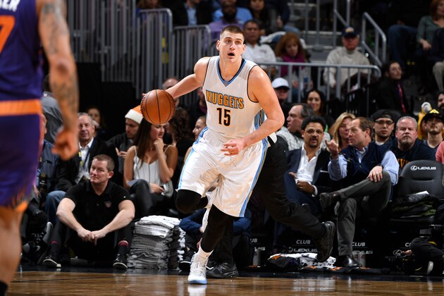 DENVER, CO - JANUARY 26: Nikola Jokic #15 of the Denver Nuggets handles the ball during the game against the Phoenix Suns on January 26, 2017 at the Pepsi Center in Denver, Colorado. NOTE TO USER: User expressly acknowledges and agrees that, by downloading and/or using this Photograph, user is consenting to the terms and conditions of the Getty Images License Agreement. Mandatory Copyright Notice: Copyright 2017 NBAE (Photo by Garrett Ellwood/NBAE via Getty Images)