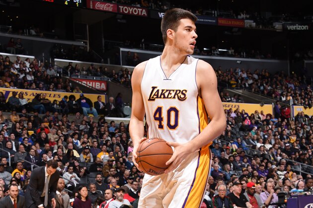 LOS ANGELES, CA - JANUARY 15:  Ivica Zubac #40 of the Los Angeles Lakers handles the ball against the Detroit Pistons on January 15, 2017 at STAPLES Center in Los Angeles, California. NOTE TO USER: User expressly acknowledges and agrees that, by downloading and/or using this Photograph, user is consenting to the terms and conditions of the Getty Images License Agreement. Mandatory Copyright Notice: Copyright 2017 NBAE (Photo by Andrew D. Bernstein/NBAE via Getty Images)