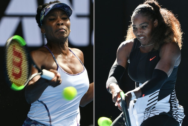 (COMBO) This combination of pictures created on January 27, 2017 shows
Venus Williams of the US (L) hitting a return against Coco Vandeweghe of the US during their women's singles semi-final match and Serena Williams of the US (R) hitting a return against Croatia's Mirjana Lucic-Baroni during their women's singles semi-final match on day 11 of the Australian Open tennis tournament in Melbourne on January 26, 2017.

Serena and Venus will contest the Australian Open women's singles final on January 28 setting up their first major final together in eight years. / AFP / GREG WOOD AND SAEED KHAN / IMAGE RESTRICTED TO EDITORIAL USE - STRICTLY NO COMMERCIAL USE
IMAGE RESTRICTED TO EDITORIAL USE - STRICTLY NO COMMERCIAL USE        (Photo credit should read GREG WOOD,SAEED KHAN/AFP/Getty Images)