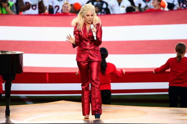SANTA CLARA, CA - FEBRUARY 07:  Lady Gaga sings the National Anthem at Super Bowl 50 at Levi's Stadium on February 7, 2016 in Santa Clara, California.  (Photo by Christopher Polk/Getty Images)