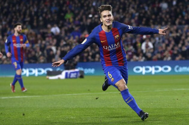 FC Barcelona's Denis Suarez reacts after scoring a goal during Copa del Rey, quarter final, second leg soccer match, between FC Barcelona and Real Sociedad at the Camp Nou in Barcelona, Spain, Thursday, Jan. 26, 2017. (AP Photo/Manu Fernandez)