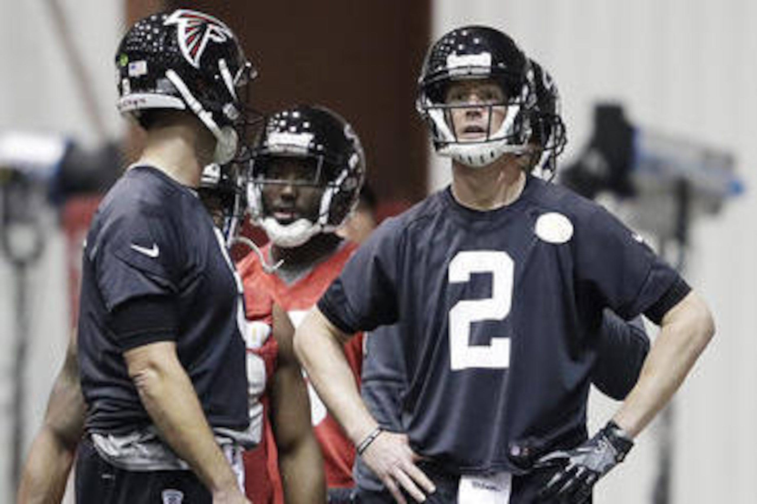 Atlanta Falcons quarterback Matt Ryan (2) waits to run a drill during a workout at the football team's practice facility in Flowery Branch, Ga., Thursday, Jan. 26, 2017. (AP Photo/David Goldman)