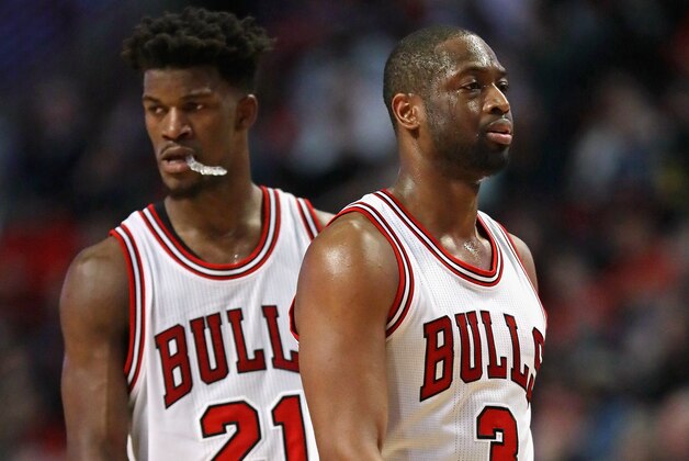 CHICAGO, IL - JANUARY 25: Dwyane Wade #3 and Jimmy Butler #21 of the Chicago Bulls react near the end of a game against the Atlanta Hawks at the United Center on January 25, 2017 in Chicago, Illinois. The Hawks defeated the Bulls 119-114. NOTE TO USER: User expressly acknowledges and agrees that, by downloading and/or using this photograph, user is consenting to the terms and conditions of the Getty Images License Agreement. (Photo by Jonathan Daniel/Getty Images)