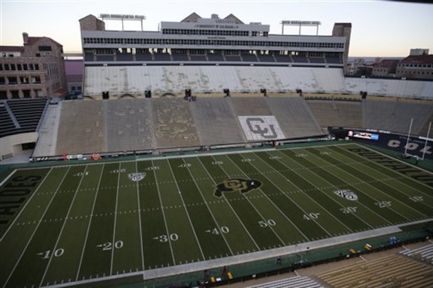 Folsom Field before the Colorado Buffaloes host Southern California in the first half of an NCAA college football game Friday, Nov. 13, 2015, in Boulder, Colo. (AP Photo/David Zalubowski)
