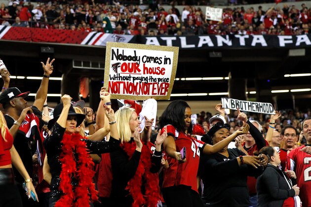 ATLANTA, GA - JANUARY 22:  An Atlanta Falcons fan holds up a sign during the game against the Green Bay Packers in the NFC Championship Game at the Georgia Dome on January 22, 2017 in Atlanta, Georgia.  (Photo by Kevin C. Cox/Getty Images)
