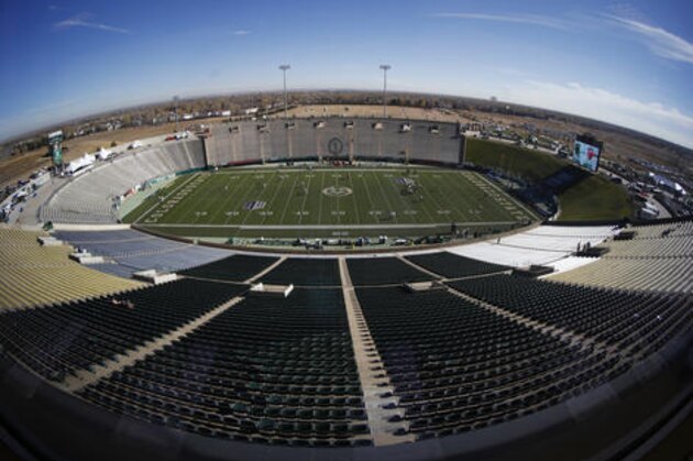 In this image taken with a fisheye lens, Sonny Lubick Field at Hughes Stadium is shown as players from Fresno State warm up before facing Colorado State in an NCAA college football game Saturday, Nov. 5, 2016, in Fort Collins, Colo. Colorado State will close Hughes Stadium after the team's final home game on Saturday, Nov. 19, when the Rams host New Mexico. The team will begin play in a new stadium built on campus in September 2017. (AP Photo/David Zalubowski)