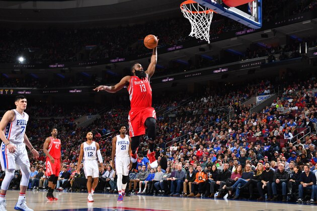 PHILADELPHIA,PA - JANUARY 27 : James Harden #13 of the Houston Rockets dunks the ball against the Philadelphia 76ers  at Wells Fargo Center on January 27, 2017 in Philadelphia, Pennsylvania NOTE TO USER: User expressly acknowledges and agrees that, by downloading and/or using this Photograph, user is consenting to the terms and conditions of the Getty Images License Agreement. Mandatory Copyright Notice: Copyright 2016 NBAE (Photo by Jesse D. Garrabrant/NBAE via Getty Images)