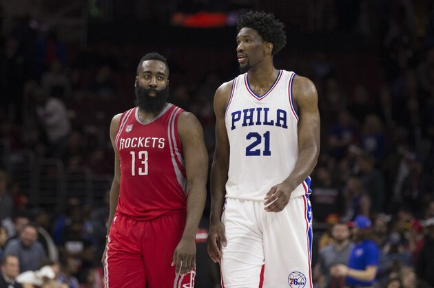 PHILADELPHIA, PA - JANUARY 27: James Harden #13 of the Houston Rockets talks to Joel Embiid #21 of the Philadelphia 76ers in the fourth quarter at the Wells Fargo Center on January 27, 2017 in Philadelphia, Pennsylvania. The Rockets defeated the 76ers 123-118. NOTE TO USER: User expressly acknowledges and agrees that, by downloading and or using this photograph, User is consenting to the terms and conditions of the Getty Images License Agreement. (Photo by Mitchell Leff/Getty Images)
