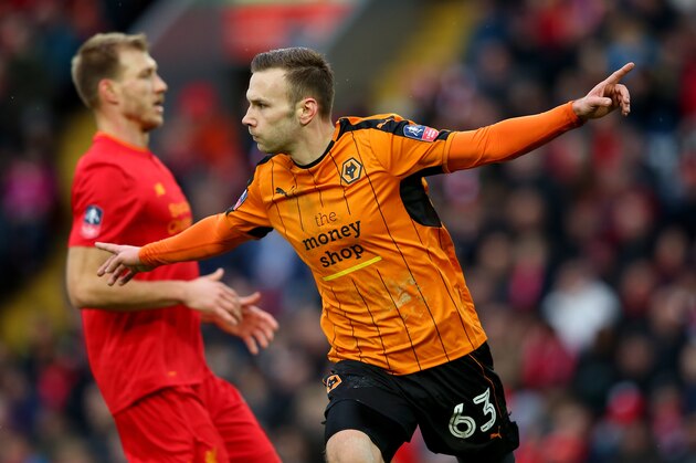 LIVERPOOL, ENGLAND - JANUARY 28: Andreas Weimann of Wolverhampton Wanderers celebrates after scoring his sides second goal during the Emirates FA Cup Fourth Round match between Liverpool and Wolverhampton Wanderers at Anfield on January 28, 2017 in Liverpool, England. (Photo by Alex Livesey/Getty Images) LIVERPOOL, ENGLAND - JANUARY 28: Andreas Weimann of Wolverhampton Wanderers celebrates after scoring his sides second goal during the Emirates FA Cup Fourth Round match between Liverpool and Wolverhampton Wanderers at Anfield on January 28, 2017 in Liverpool, England. (Photo by Alex Livesey/Getty Images)