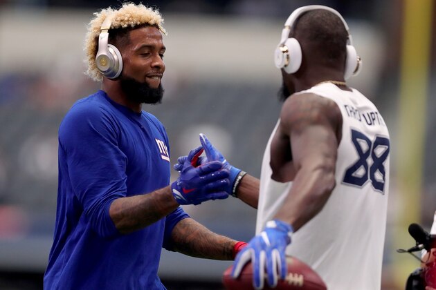ARLINGTON, TX - SEPTEMBER 11:  Odell Beckham #13 of the New York Giants greets Dez Bryant #88 of the Dallas Cowboys during pregame warm up at AT&T Stadium on September 11, 2016 in Arlington, Texas.  (Photo by Tom Pennington/Getty Images)