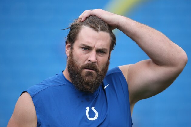 ORCHARD PARK, NY - SEPTEMBER 13: Todd Herremans #79 of the Indianapolis Colts warms up before the start of NFL game action against the Buffalo Bills at Ralph Wilson Stadium on September 13, 2015 in Orchard Park, New York. (Photo by Tom Szczerbowski/Getty Images)