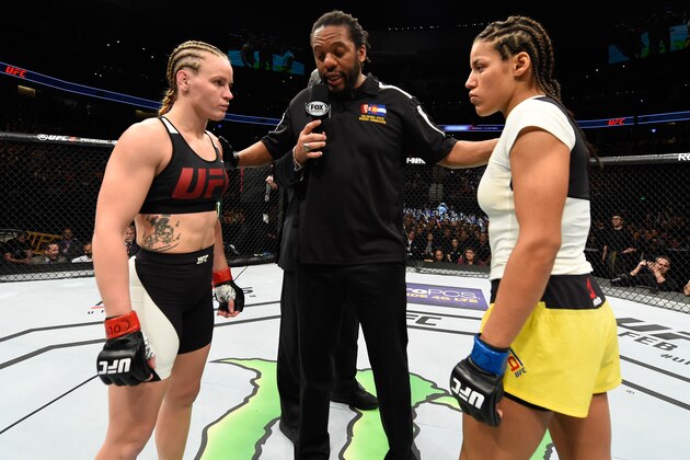 DENVER, CO - JANUARY 28:  (L-R) Valentina Shevchenko of Kyrgyzstan and Julianna Pena face off in their women's bantamweight bout during the UFC Fight Night event at the Pepsi Center on January 28, 2017 in Denver, Colorado. (Photo by Josh Hedges/Zuffa LLC/Zuffa LLC via Getty Images)