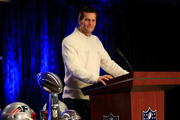 PHOENIX, AZ - FEBRUARY 02:  Tom Brady of the New England Patriots talks with the media during a Chevrolet Super Bowl XLIX MVP press conference folowing the Patriots Super Bowl win over the Seattle Seahawks on February 2, 2015 in Phoenix, Arizona.  (Photo by Jamie Squire/Getty Images)
