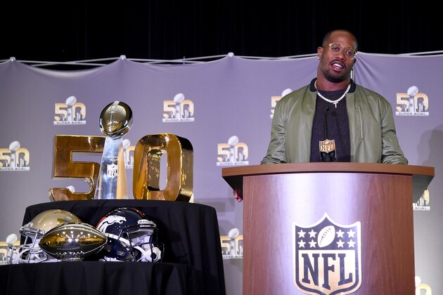 SAN FRANCISCO, CA - FEBRUARY 08:  Super Bowl 50 MVP Von Miller #58 of the Denver Broncos addresses the media during the trophy presentation at the Moscone Center West on February 8, 2016 in San Francisco, California.  (Photo by Thearon W. Henderson/Getty Images)