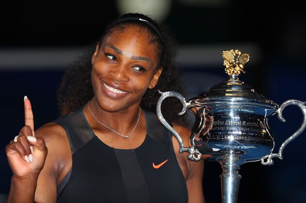 MELBOURNE, AUSTRALIA - JANUARY 28:  Serena Williams poses with the Daphne Akhurst Trophy after winning the Women's Singles Final against Venus Williams of the United States on day 13 of the 2017 Australian Open at Melbourne Park on January 28, 2017 in Melbourne, Australia.  (Photo by Scott Barbour/Getty Images)