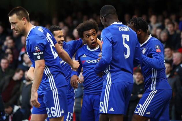 LONDON, ENGLAND - JANUARY 28: Willian (C) of Chelsea celebrates scoring the opening goal with his team mates during the Emirates FA Cup Fourth Round match between Chelsea and Brentford at Stamford Bridge on January 28, 2017 in London, England. (Photo by Clive Mason/Getty Images) LONDON, ENGLAND - JANUARY 28: Willian (C) of Chelsea celebrates scoring the opening goal with his team mates during the Emirates FA Cup Fourth Round match between Chelsea and Brentford at Stamford Bridge on January 28, 2017 in London, England. (Photo by Clive Mason/Getty Images)
