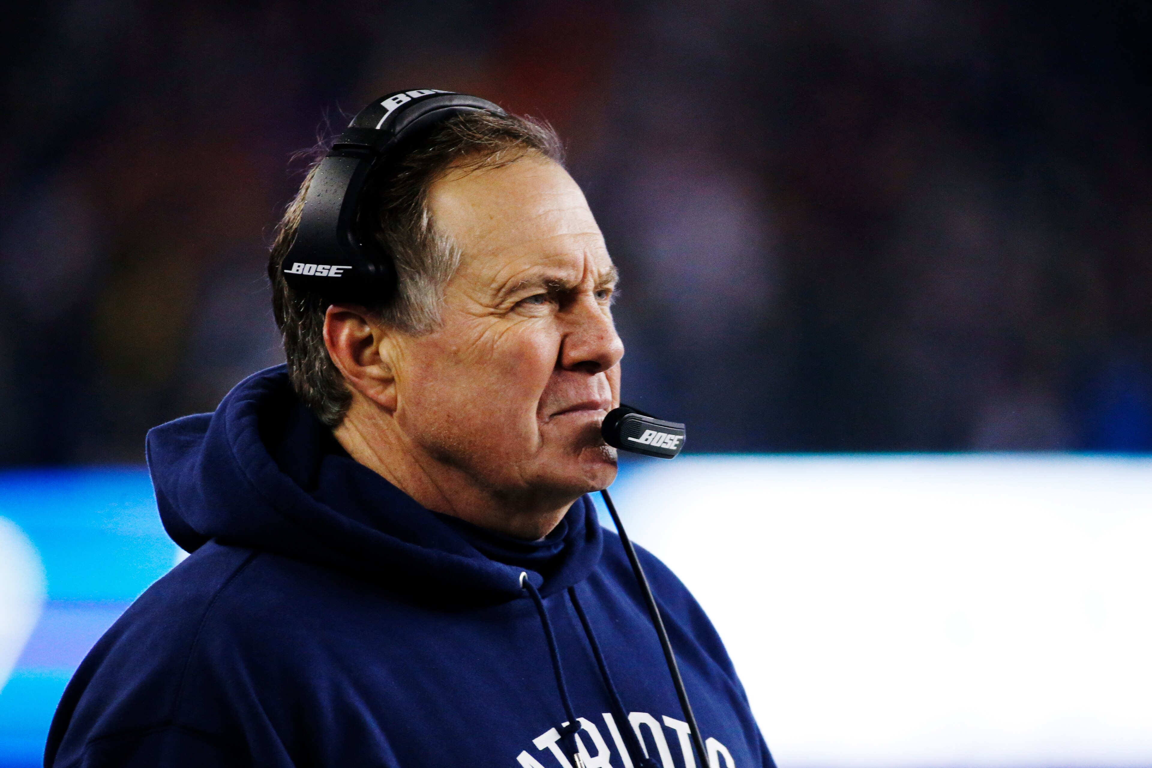 FOXBORO, MA - JANUARY 22: Head coach Bill Belichick of the New England Patriots looks on against the Pittsburgh Steelers during the third quarter in the AFC Championship Game at Gillette Stadium on January 22, 2017 in Foxboro, Massachusetts.  (Photo by Jim Rogash/Getty Images)
